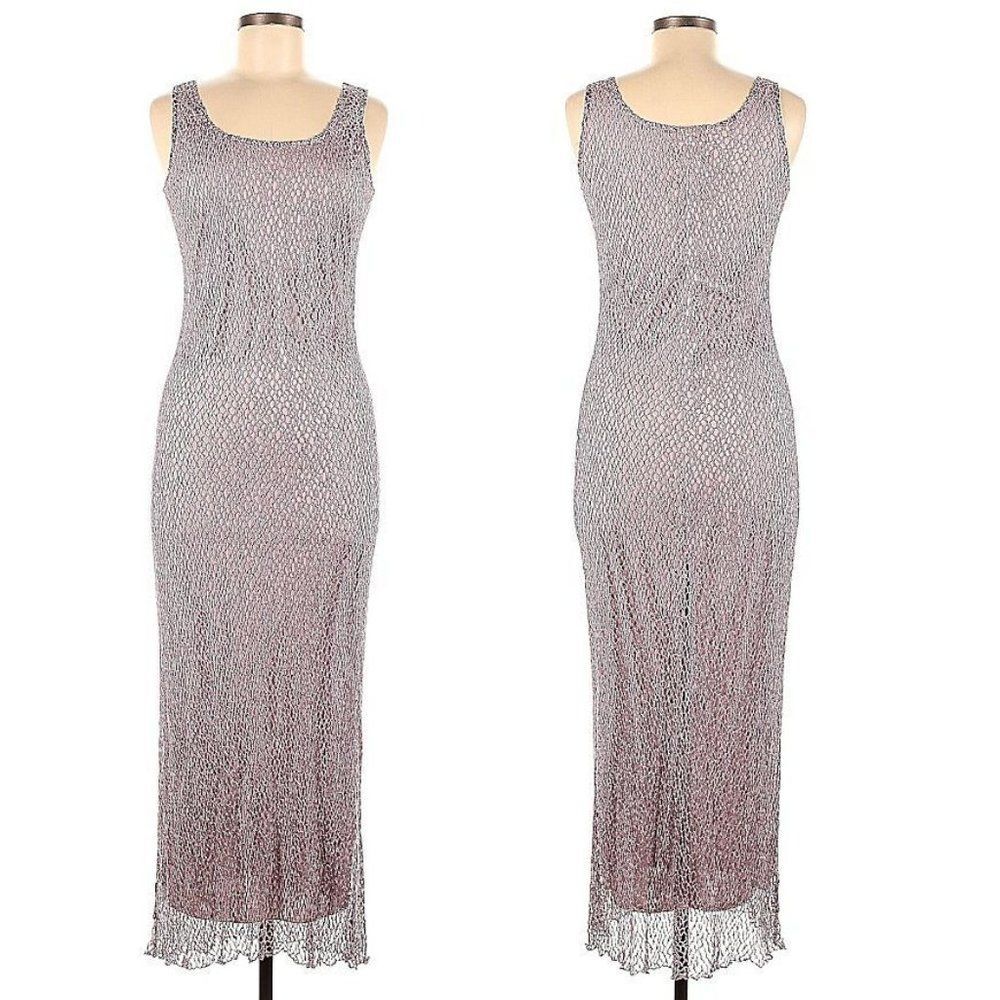 Vintage 1990s Alyn Paige Crochet Dress Boho Maxi Pink Slit Fairycore Jr Size 7-8